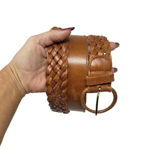 Vtg Western Boho Camel Brown‎ Braided Weaved Genuine Leather Belt Sz 2XL 38"